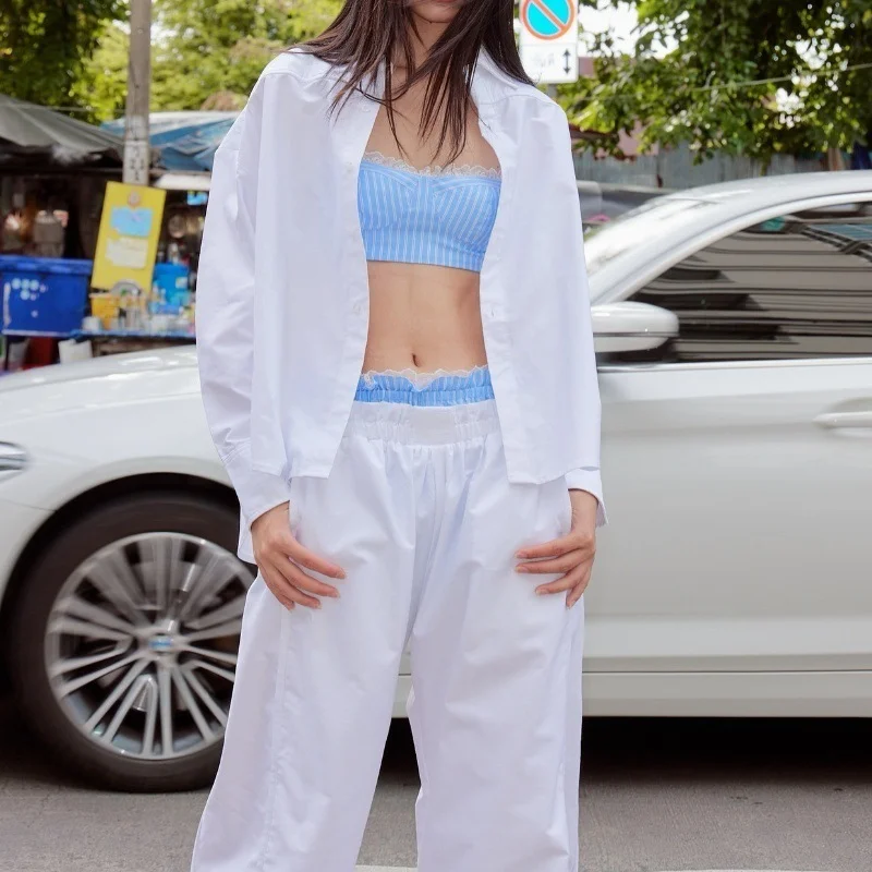 Uveng Uveng 2024 Women's Fashion Casual And Sexy Three-Piece Solid Color Set With Long-Sleeved Shirt And Wide-Leg Pants