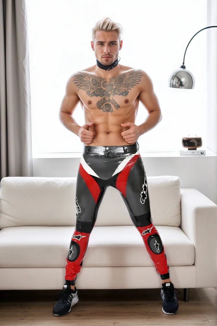 Men Grey Black Latex Pants Motorcycle