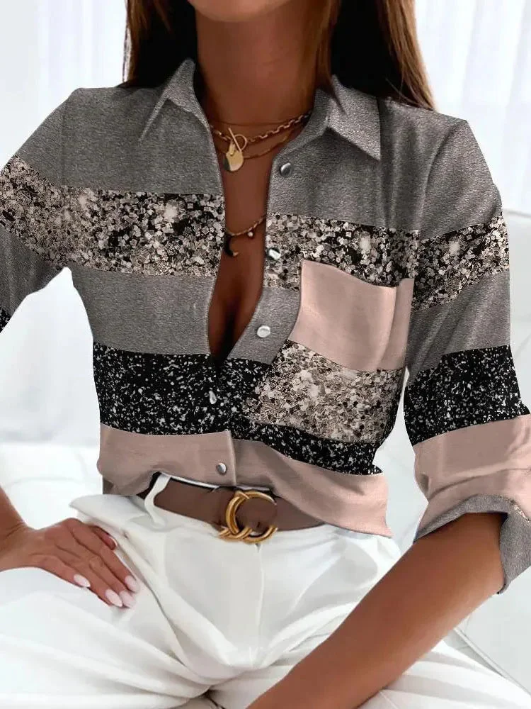 Huiketi Women's White Shirt Fashion Casual Loose Blouse Office Lady Elegant Turn-down Collar Print Long Sleeve Pockets Women Shirt Tops