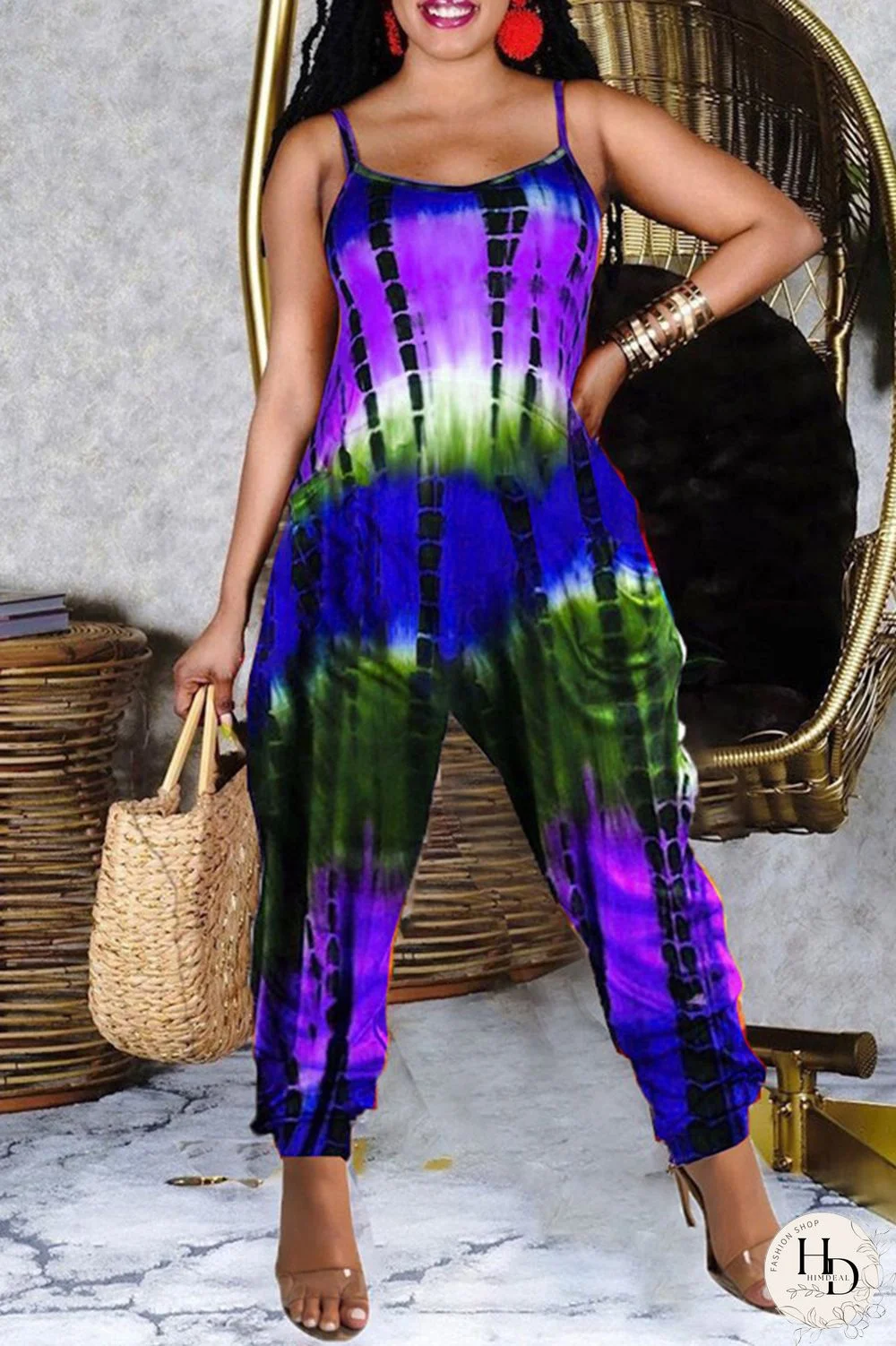 Red Fashion Casual Tie Dye Printing Spaghetti Strap Regular Jumpsuits