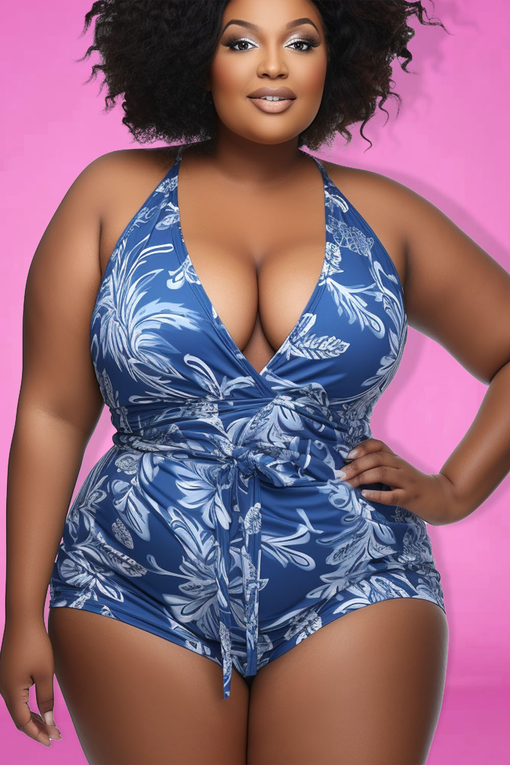 Design Plus Size Beach Blue Water Ripples V Neck Swimsuit Fabric One Pieces Swimwear [Pre-Order]