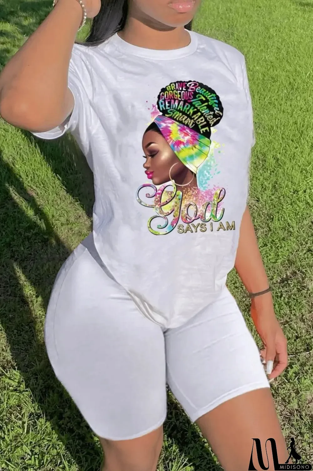 MidiSono - White Casual Print Basic O Neck Short Sleeve Two Pieces