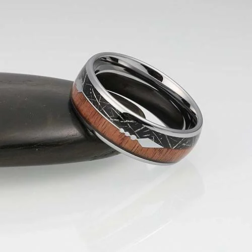 6MM 8MM Women's Or Men's Tungsten Carbide Wedding Matching Rings Silver Tone Cupid's Arrow with Wood and Black Inspired Meteorite Inlay Domed Top