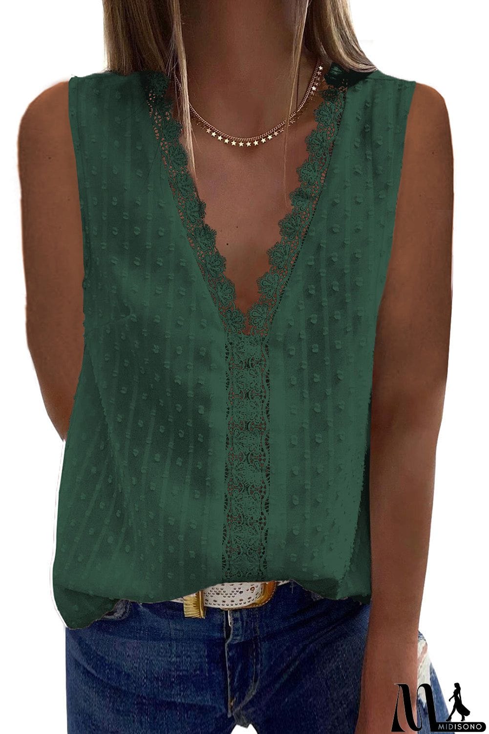 MidiSono - Crochet V Neck Textured Tank Top
