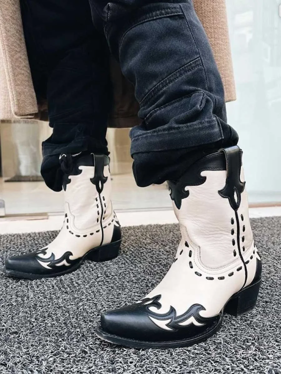 Black & White Patchwork Snip Toe Chunky Heel Cowgirl Ankle Boots