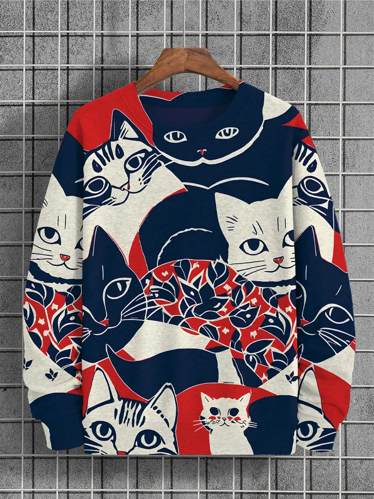 Men's Colorblock Cat Art Print Casual Sweatshirt