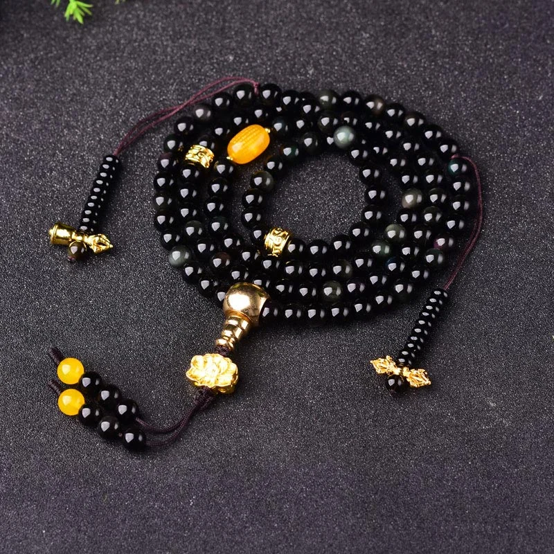 Black Obsidian Lotus 108 Beads Natural Fulfilment Mala Bracelet