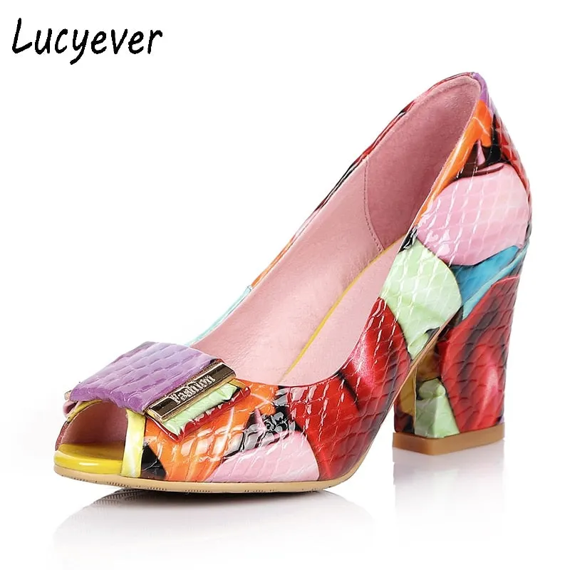 2021 Summer Women Fashion Mixed Colors Colorful Pumps Thick High Heels Peep Toe Shoes Woman Cow Leather Party Sandals Plus Size