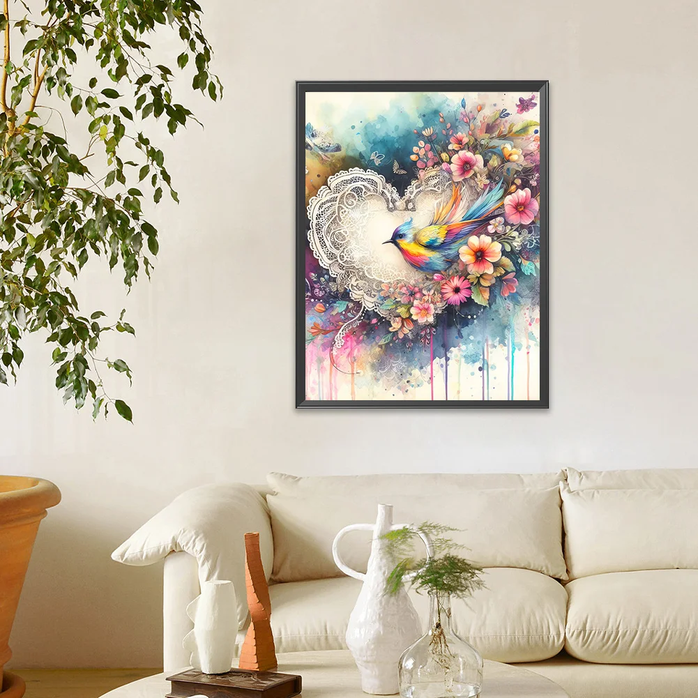 Full Round Diamond Painting 30*40cm - Love Heart And Colorful Bird
