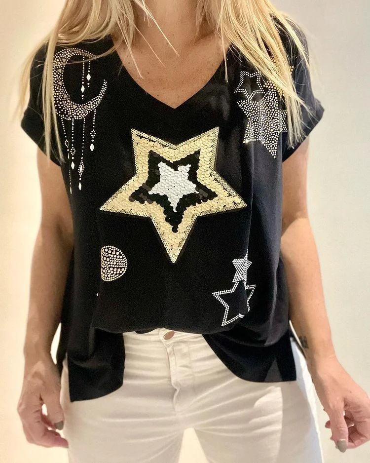 Casual Sequin Beaded Design T-shirt