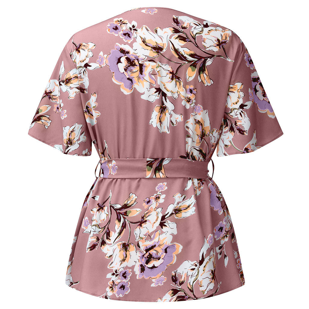  thdmladies Plus Size V Neck Short Sleeve Printed Waist Tie Loose Chiffon Top thedmladies