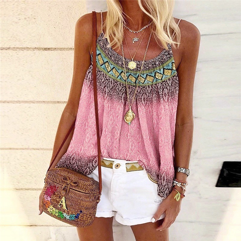 Women's Tank Top New Leisure Casual Shirt Ladies  Summer T Shirt Sleeveless Loose Boho Print Tops