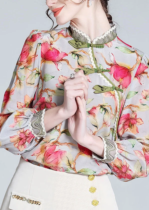 Chinese Style Stand Collar Print Button Silk Tops Long Sleeve