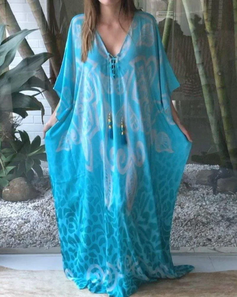 WOMEN'S ETHNIC STYLE PRINTED  CASUAL KAFTAN MAXI DRESS-030908