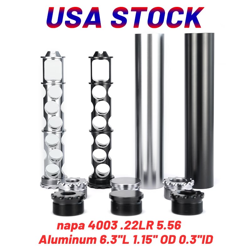 Single Core One Piece Aluminum 6.3''L 1.15'' OD 0.3''ID Tube with 1/2x28 and 5/8x24 End Cap Solvent Trap Fuel Filter Monocore napa 4003 .22LR 5.56
