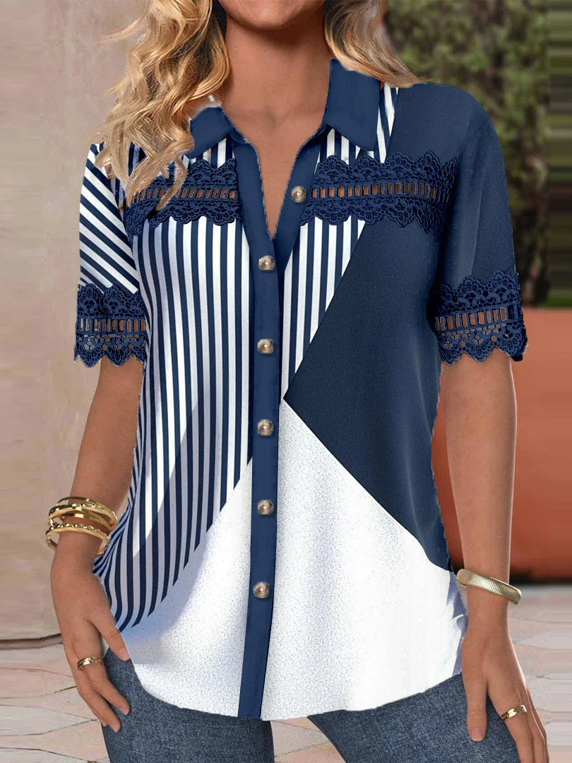 Women Short Sleeve V-neck Striped Printed Graphic Lace Hollow Stitching Button Tops
