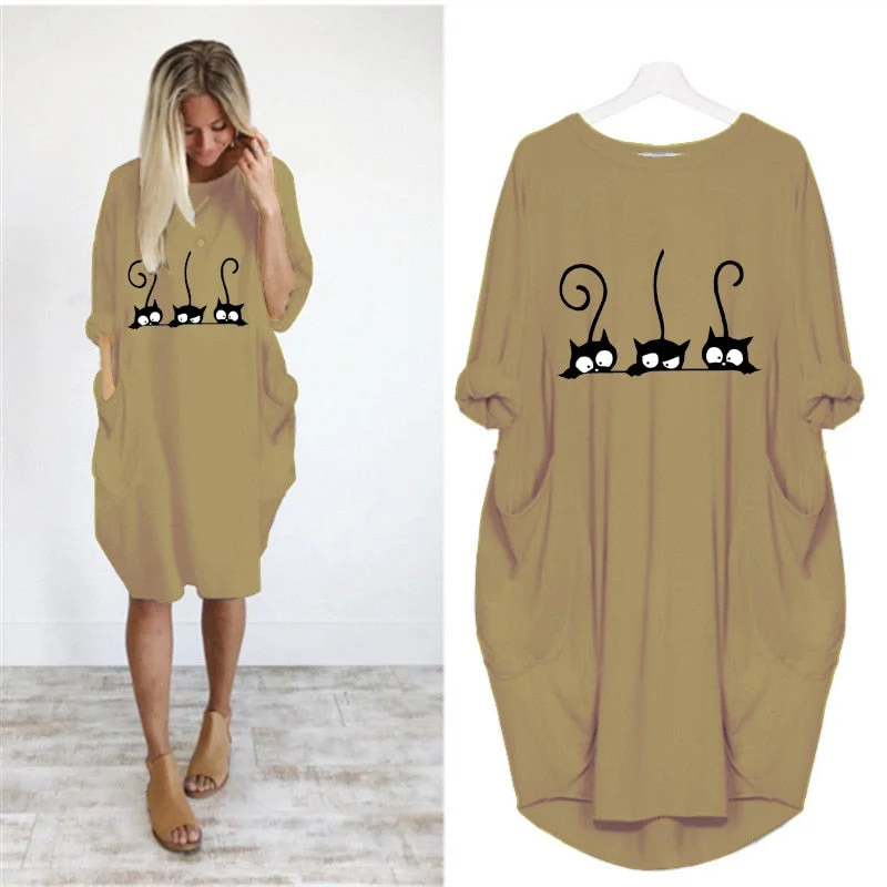 Autumn Dress Women Fashion Cat Print O Neck Long Sleeve Loose Elegant Party Ladies Dresses Plus Size Casual Midi Dress Vestidos
