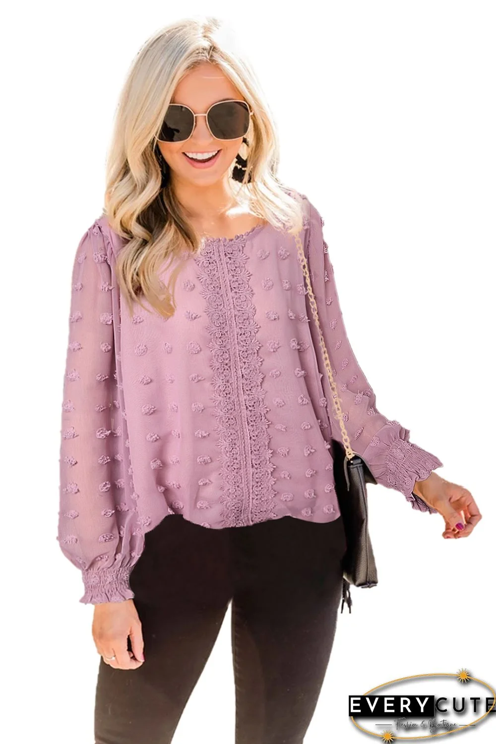 Pink Polka Dot Lace Lantern Sleeve Blouse