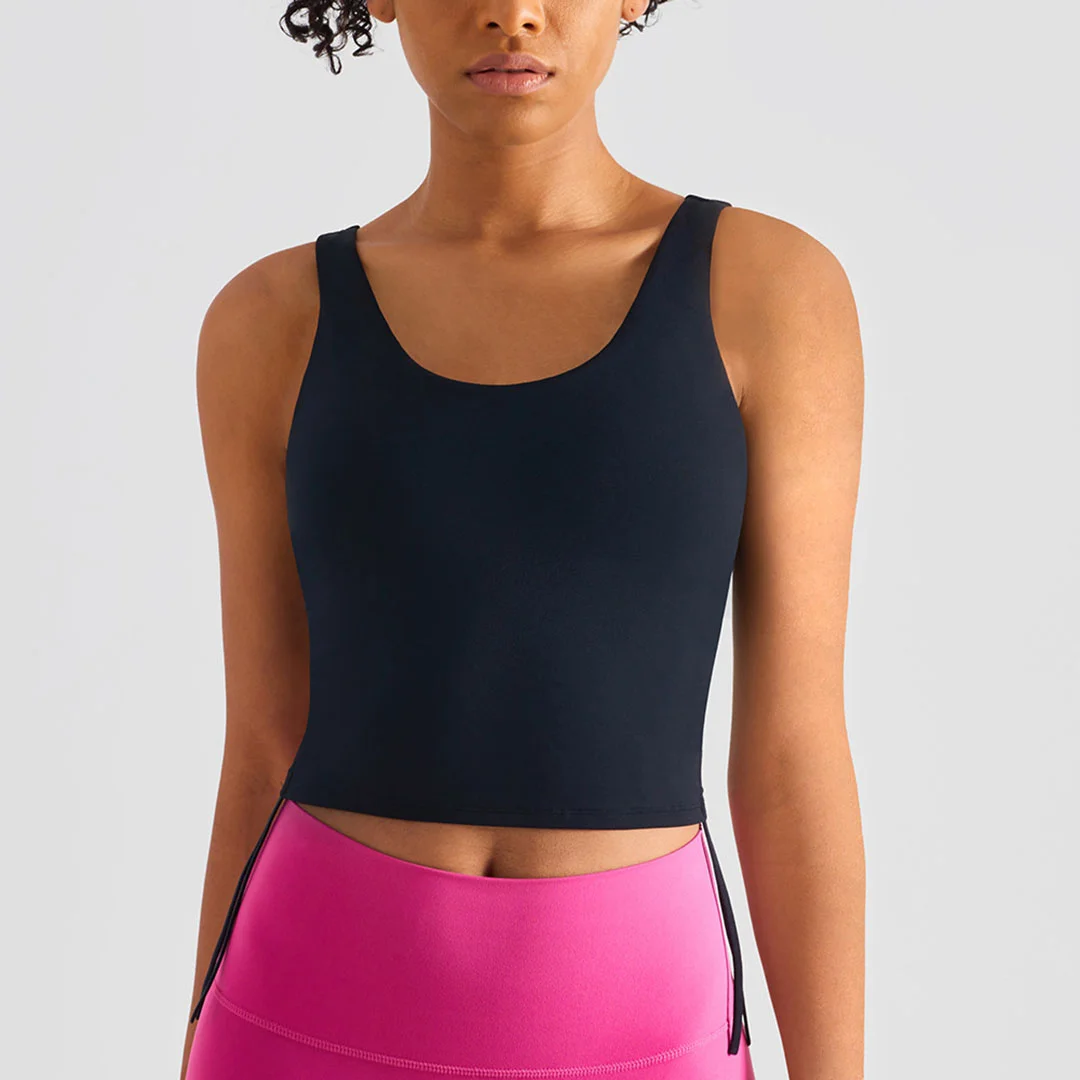 Side drawstring wide shoulder straps sports bra