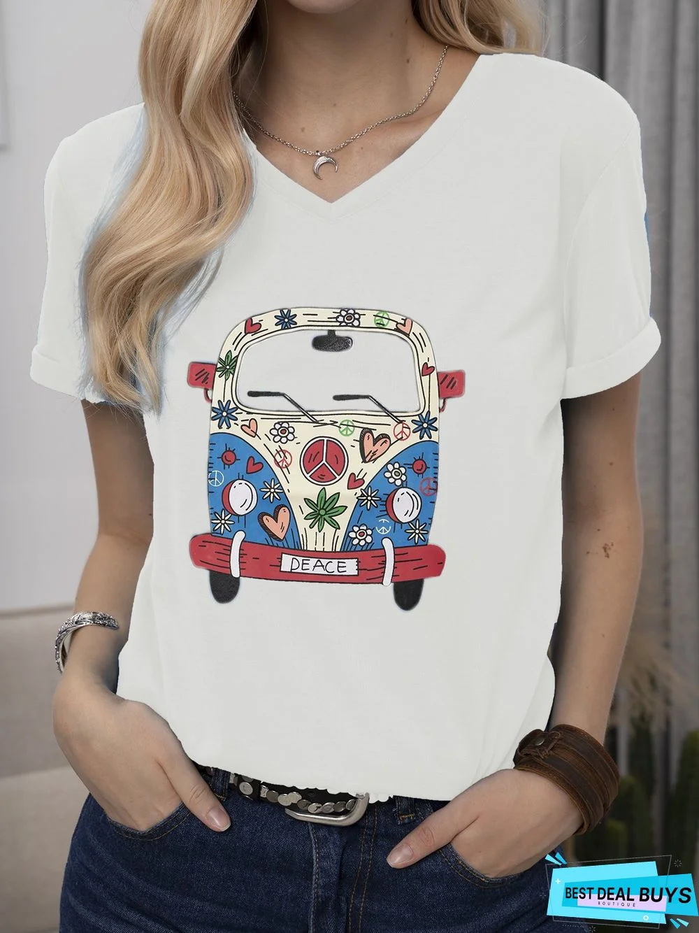 Plus Size Women Short Sleeve V Neck Vintage Car Floral Casual Tops