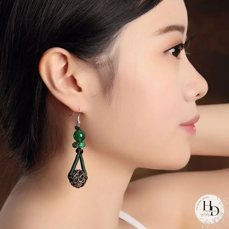 Ethnic style earrings green earrings women's vintage style sterling silver premium sense earrings