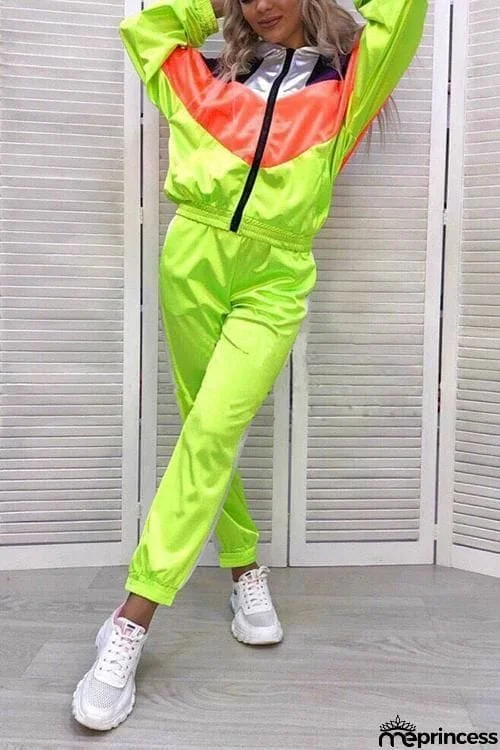 Color Block Zipper Hoodie Pants Set