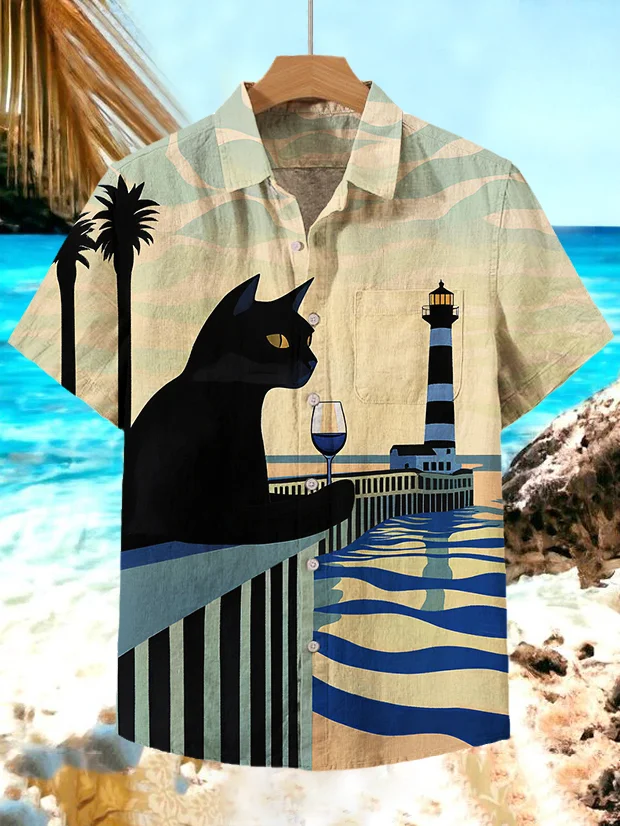 Men's Black Cat Lighthouse Ocean Vacation Print Short Sleeve Shirt