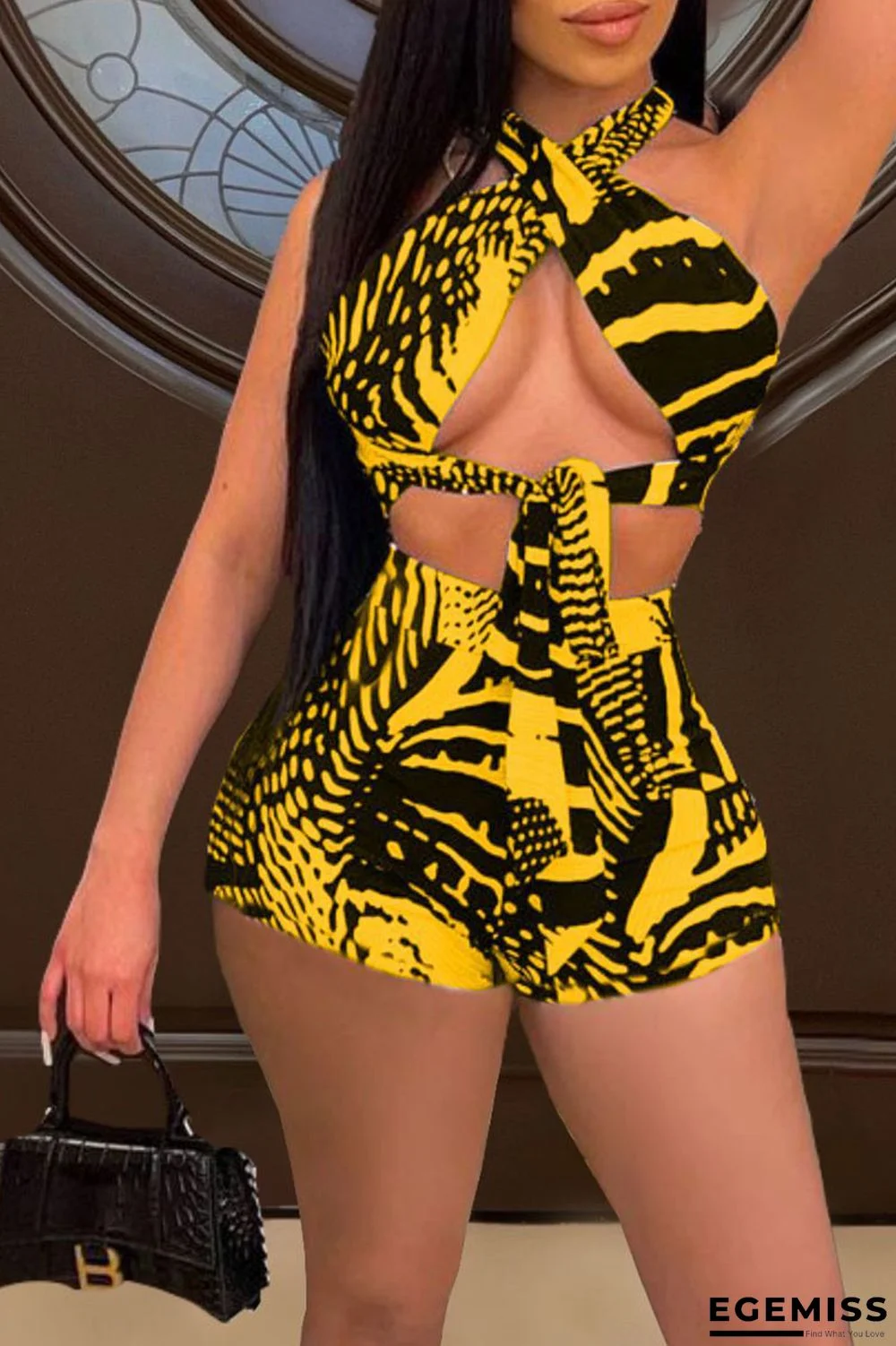 Yellow Sexy Print Bandage Hollowed Out Patchwork Asymmetrical Halter Sleeveless Two Pieces | EGEMISS