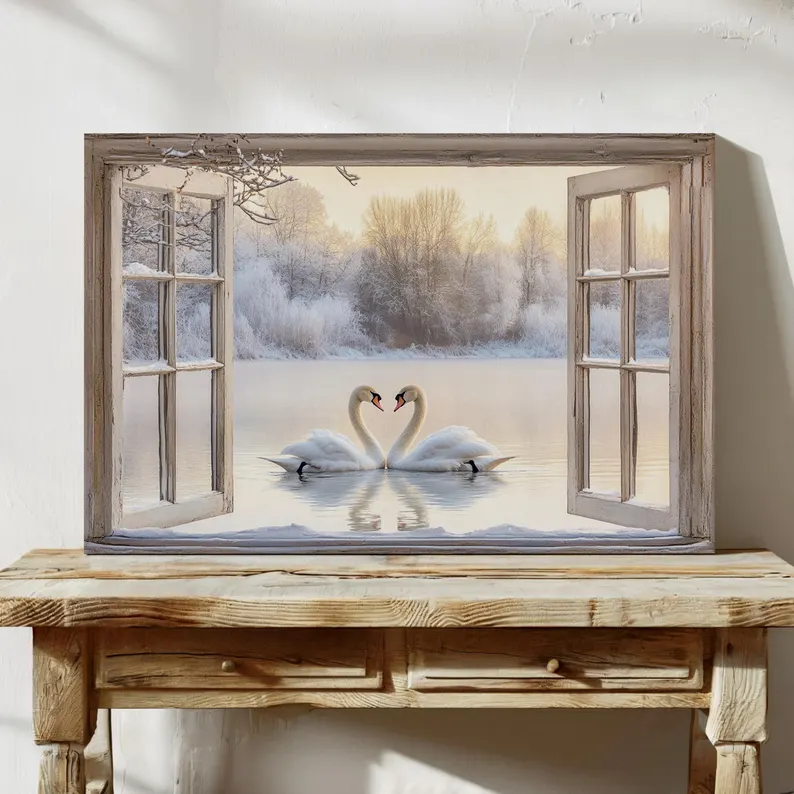 Romantic Swan Lake Window View Canvas Wall Art