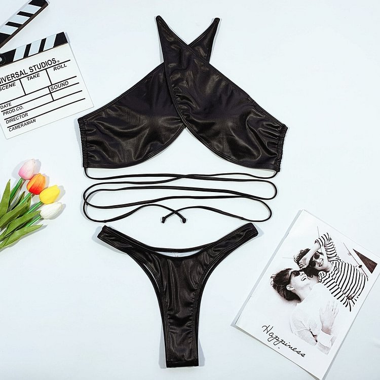 Sexy Solid Black Mini Bikini High Neck Cross Lace Up Bandage micro Swimsuit 2022 Beach Bathing Suit Thong Swimwear Swimming Suit
