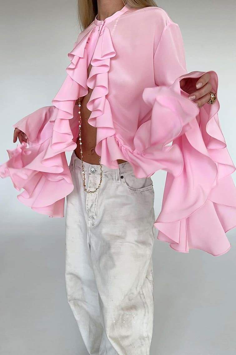 Semi-Sheer Ruffled Detail Blouse With Contrasting Tie