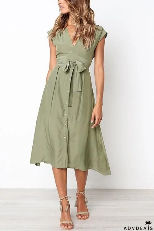 V Neck Tie Waist Dress