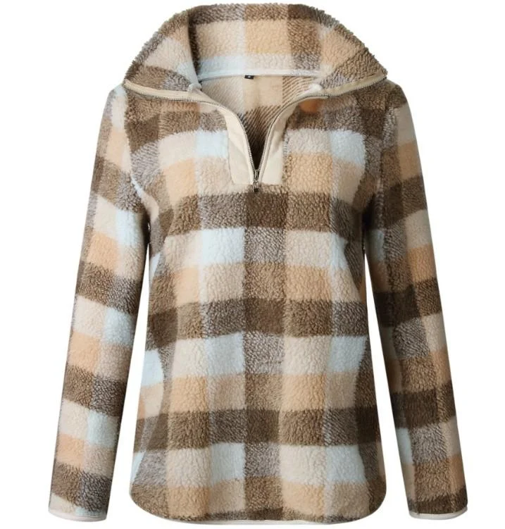 Band Collar Zipper Gingham Plaid Sweater/Sweatshirt