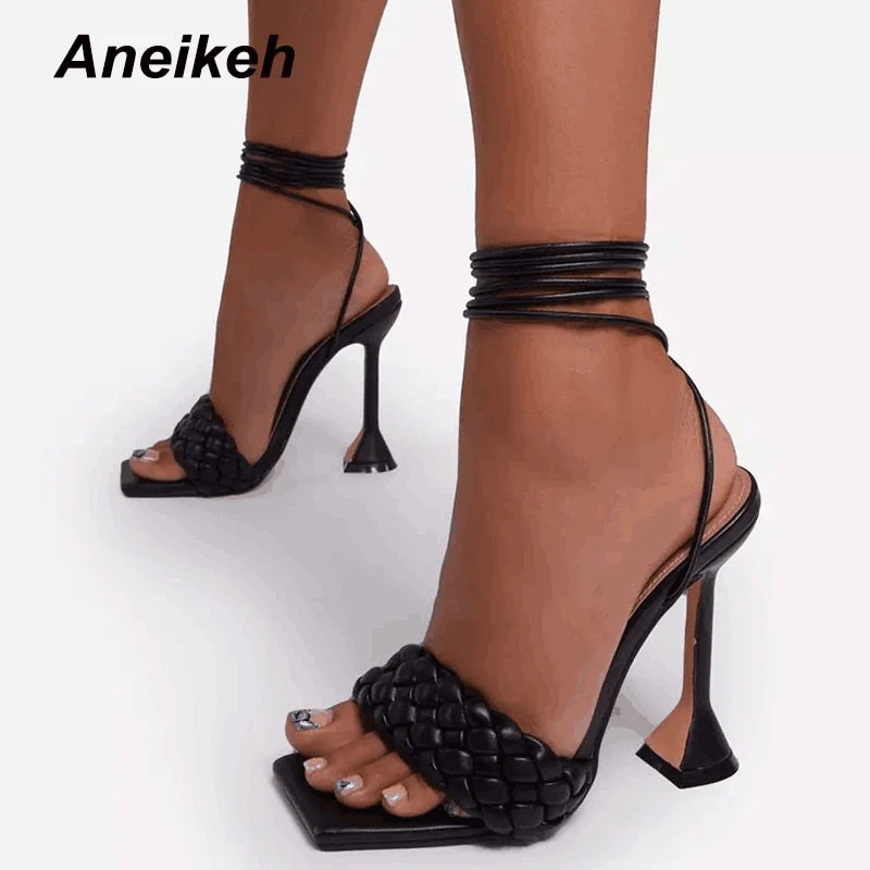 Aneikeh Sexy PU Cross-Tied Sandales Summer 2021 NEW Peep Toe High Heel Solid Fashion Slip On Slides Ladies Gladiator Party Shoes