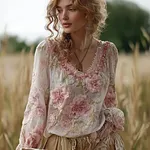 Bohemian Retro Countryside Style Plant Flower Design Cotton And Linen Women's Long-sleeve Shirt - Image 2