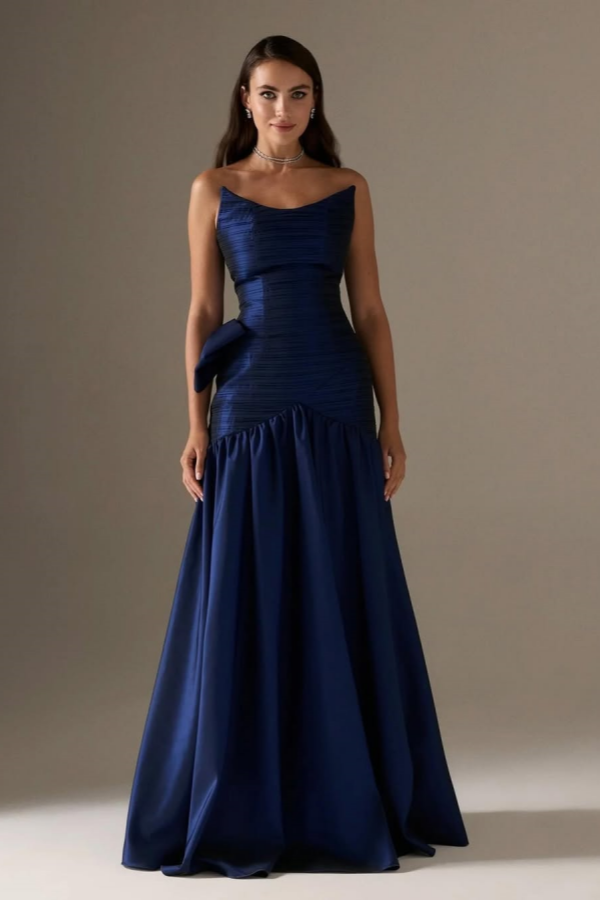 Navy Blue Pleated Strapless A-Line Prom Dress ZT0654