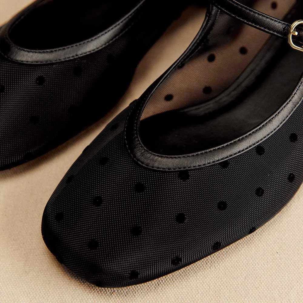 Black Square Toe Flat Polka Dot Women Mary Jane Shoes with Buckle