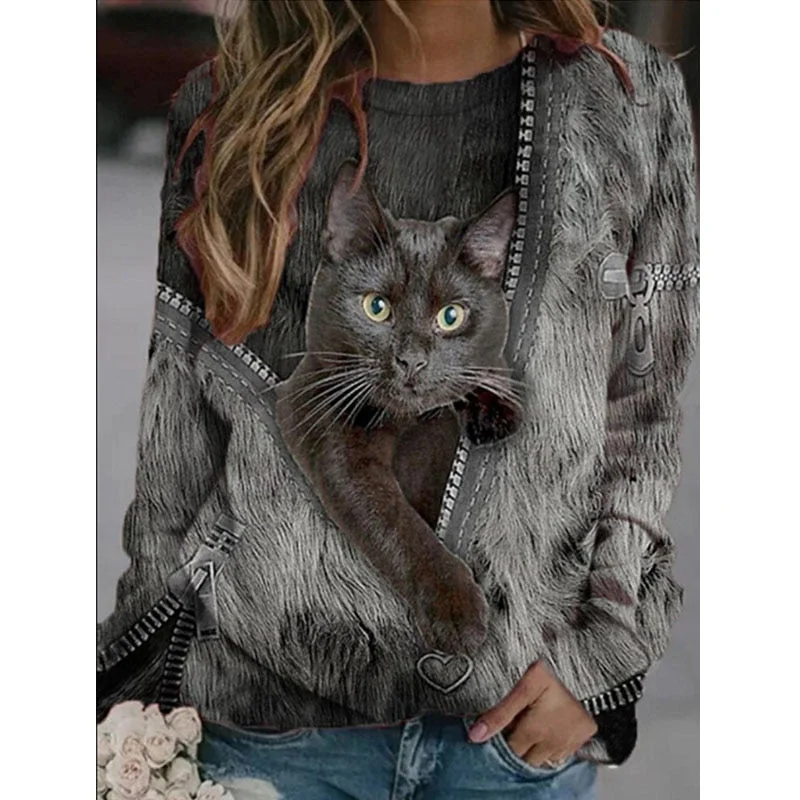 2022 New Y2K Cat 3D Print T-shirt Women Fashion Casual O-Neck Tops Long Sleeve Spring Summer Vintage Oversize Pullover T Shirts