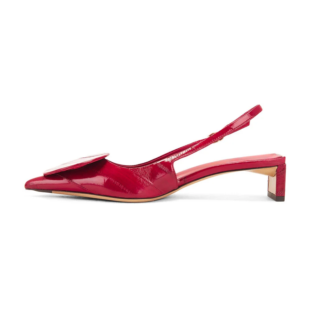 Pointed Toe Low Heel Asymmetric Embossed Slingback Red Pumps