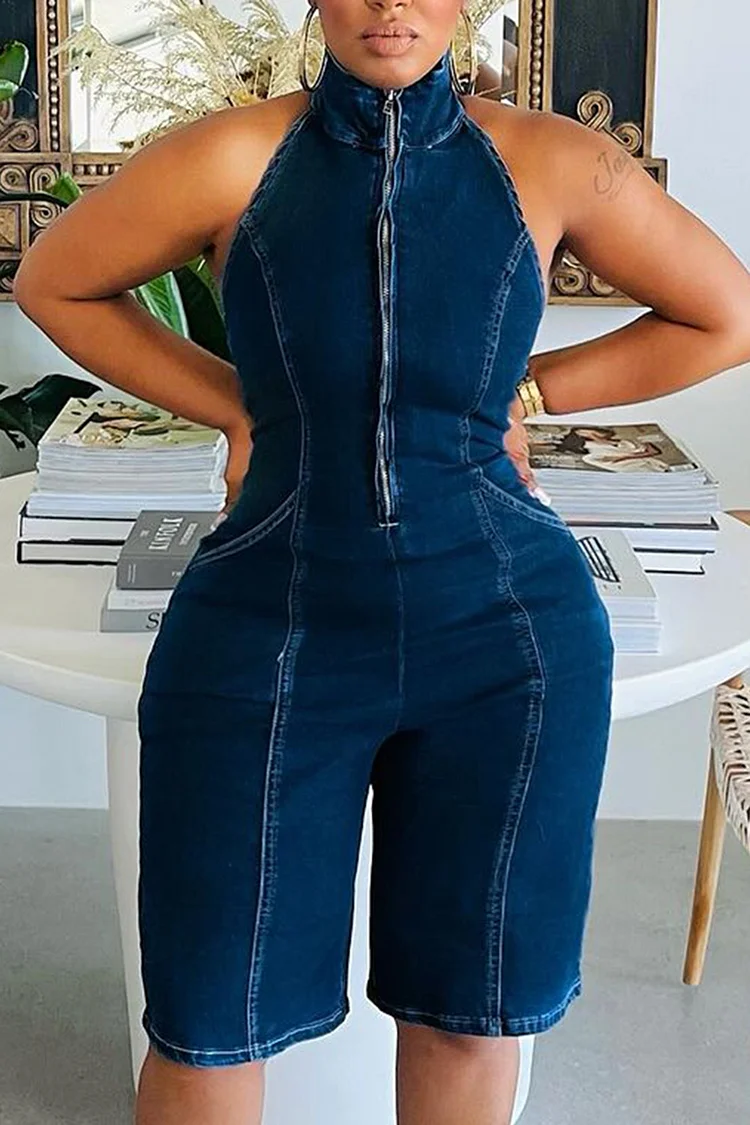 Plus Size Daily Blue Mock Neck Zipper Pocket Tencel Denim Plus Size Daily Blue Mock Neck Zipper Pocket Tencel Denim