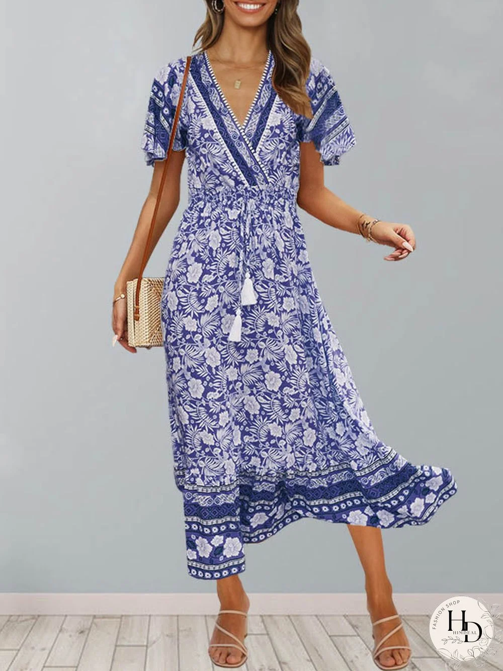 Floral V Neck Short Sleeve Midi Dress