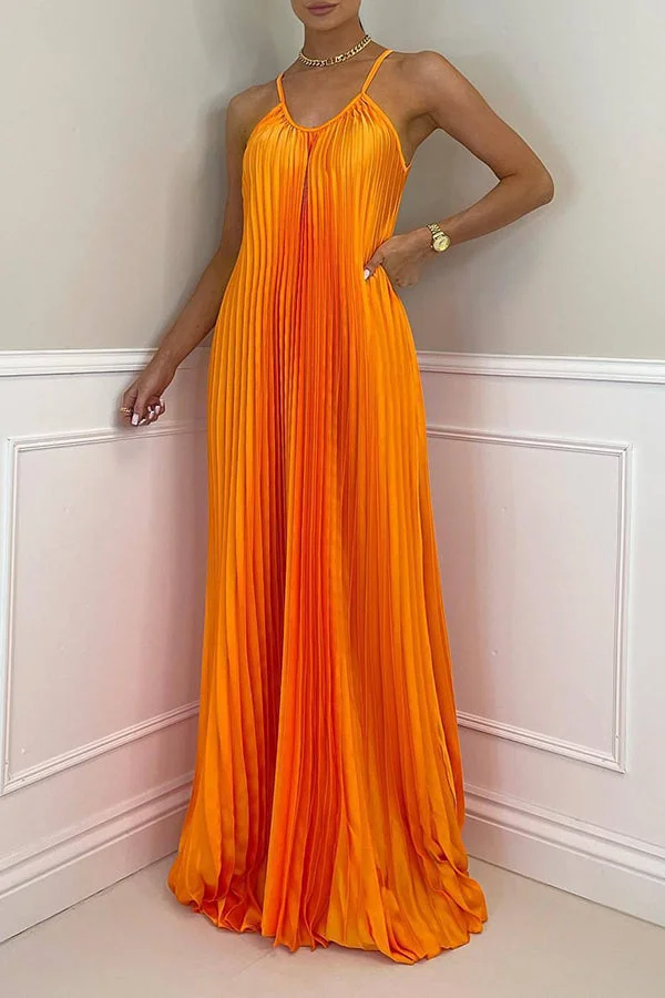 Simple Solid Color Sleeveless Sling Pleated Maxi Dress
