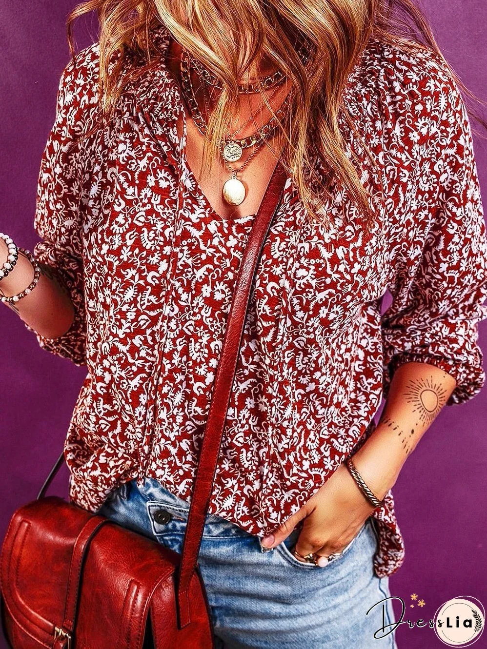 Burgundy Flower Print Neck Tie Blouse