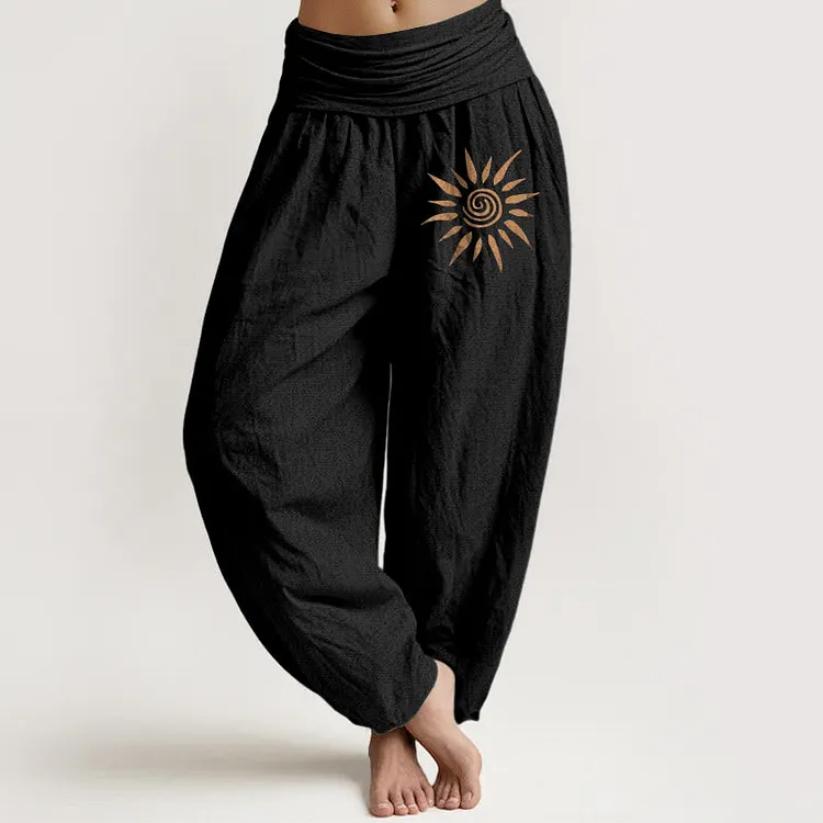 Spiral Center Sun Pattern Women's Elastic Waist Harem Pure Cotton Pants