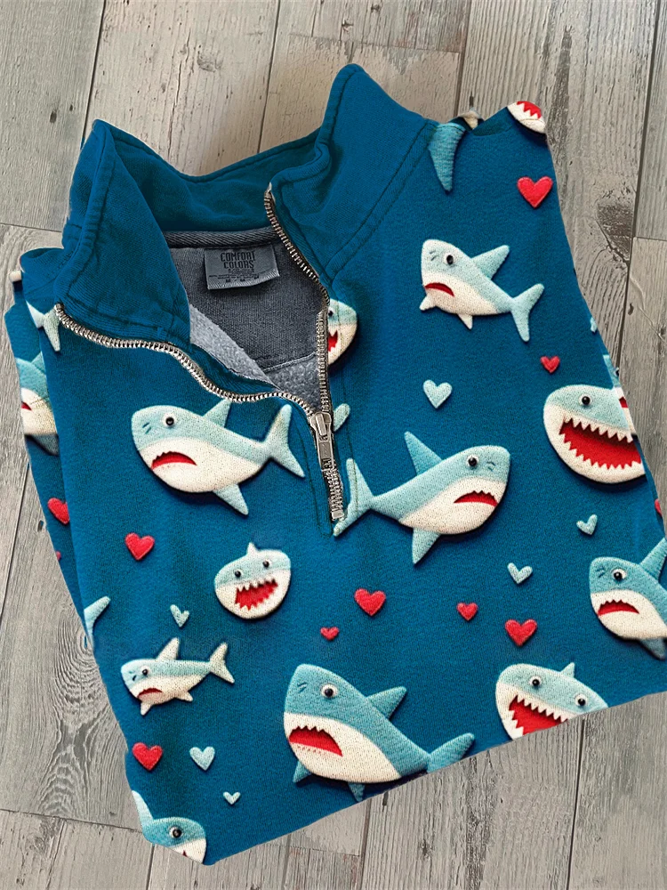 Valentine Gift Love Heart Shark Art Print Zipper Neck Sweatshirt