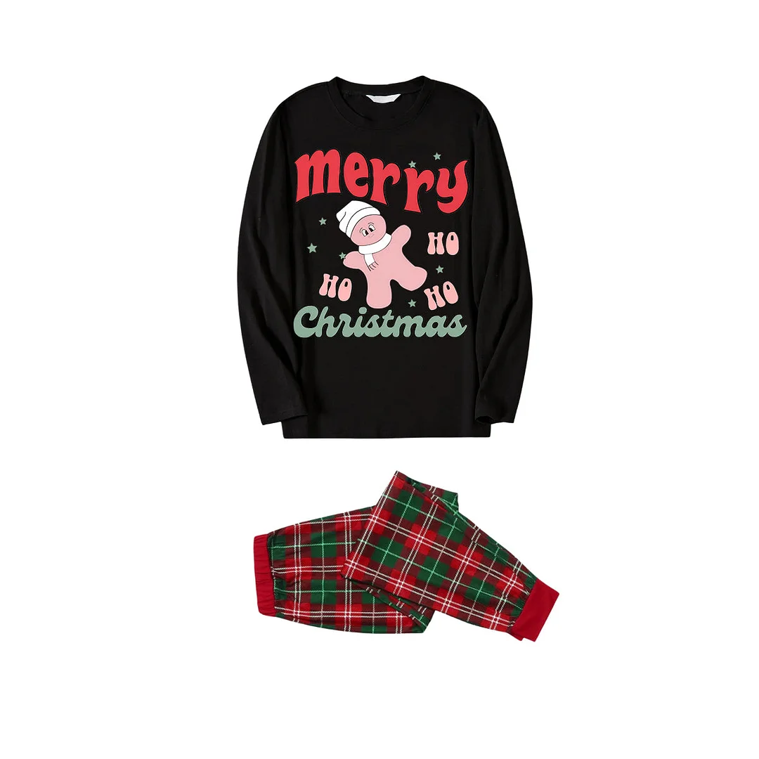 Merry Christmas Cute Cartoon Prints 2024 Black Long Sleeve Top with White&Red&Green Plaid Family Matching Pajamas