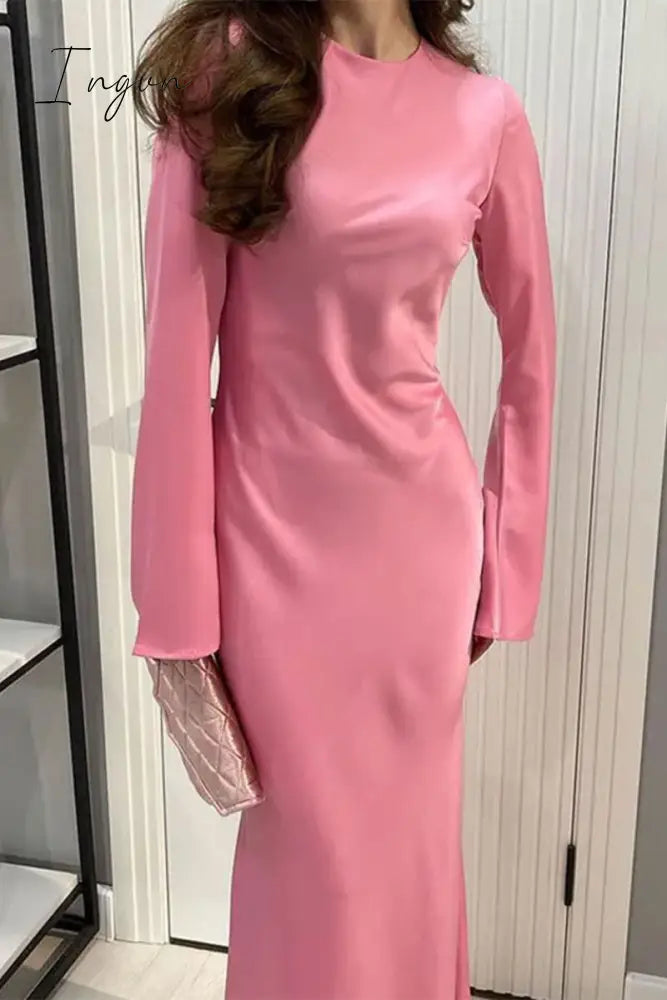 Ingvn - Elegant Simplicity Solid Patchwork O Neck One Step Skirt Dresses Pink / S Dresses/Long