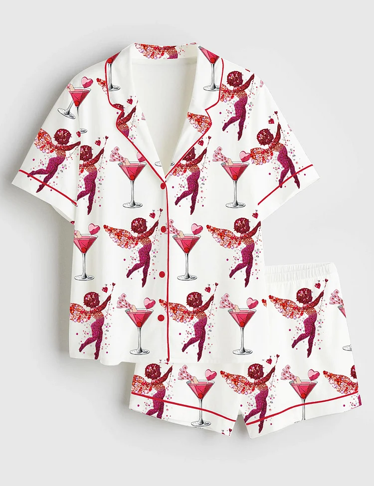 Women's Cupid Valentine Day Cocktail Club Social Club Girls Club Short Sleeve Satin Pajama Set