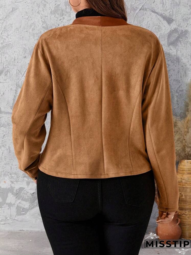 Women's Plus Size Zipper Color Block Long Sleeve Jacket, Sophisticated And Elegant Style, Brown For Autumn