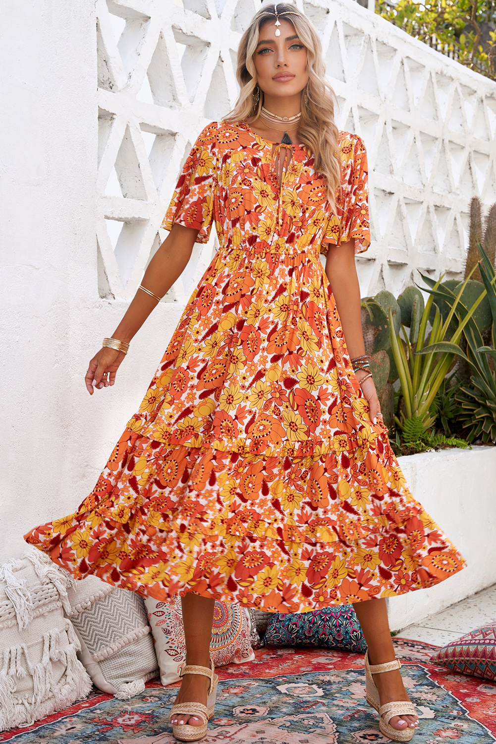 Orange Bohemian Flutter Sleeve Floral Dress